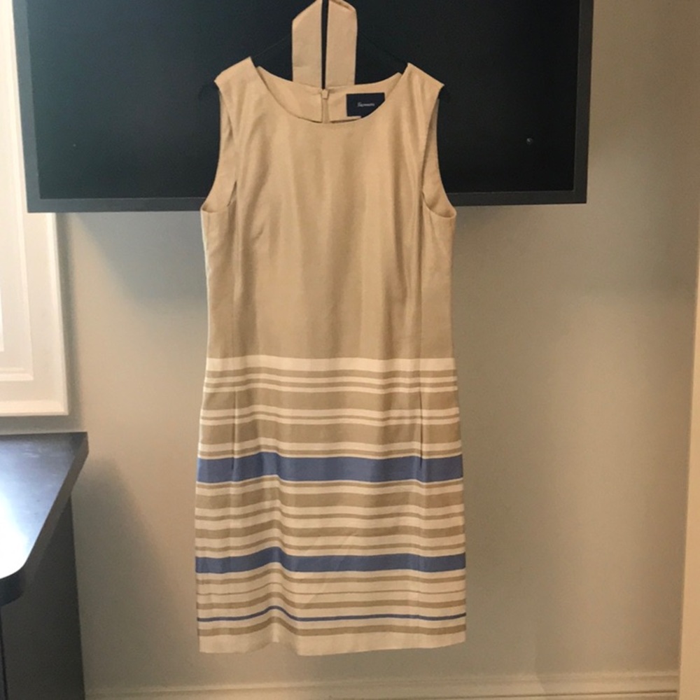 Faconnable Beige Belted Dress with White and Blue Stripes